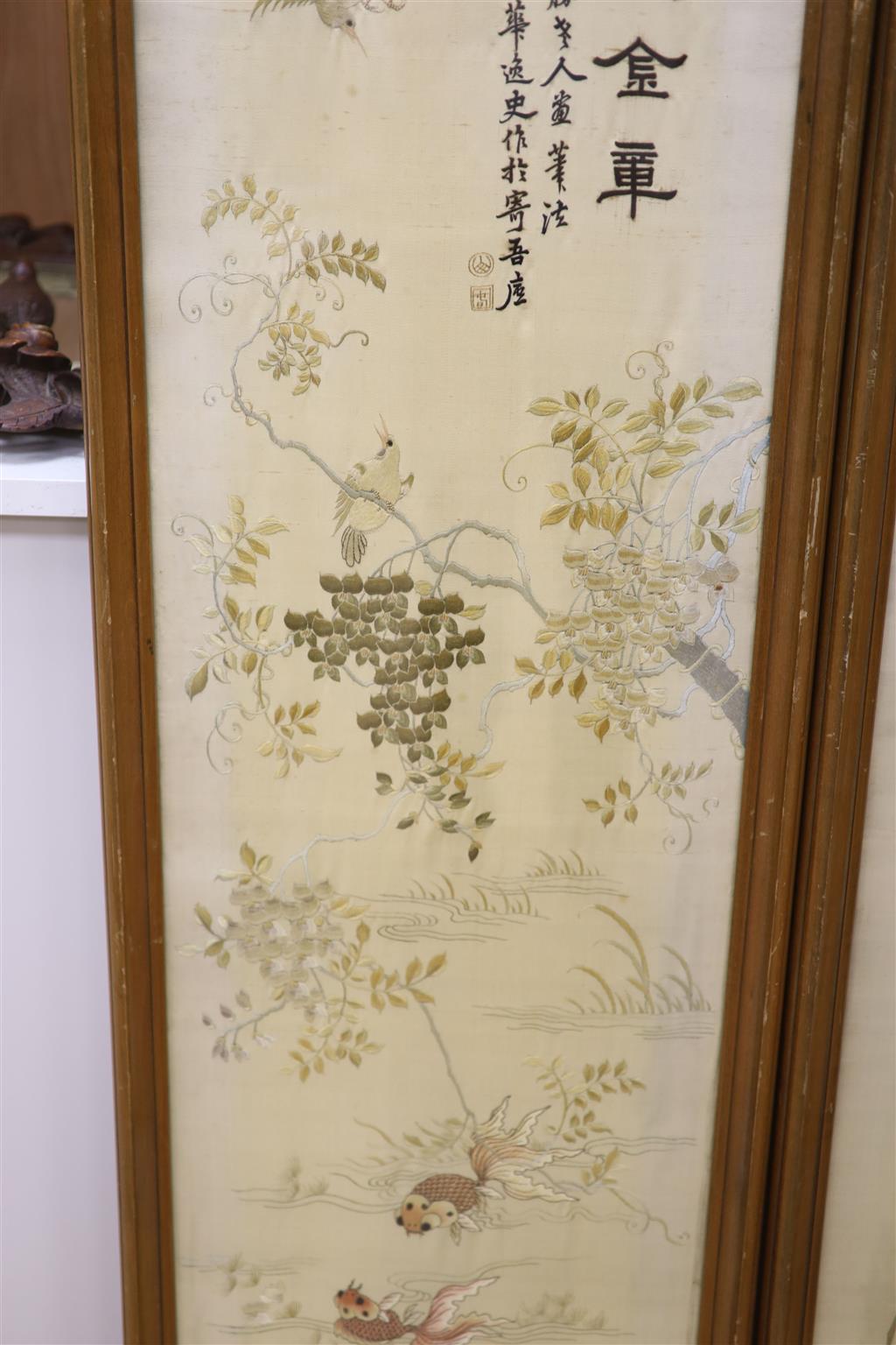 Two Japanese embroidered panels, width 34.5cm height 134cm